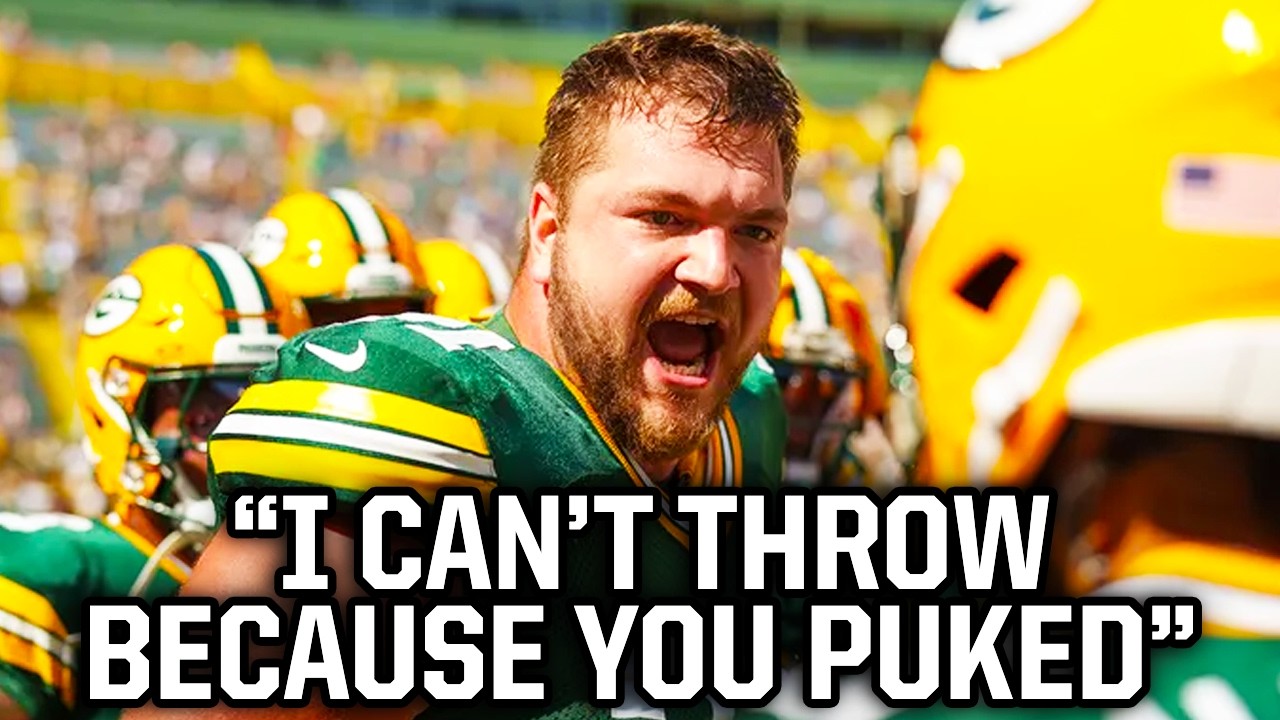 YouTube post by @JomboyMedia for Corona USA. Caption reads: Packers center pukes all over the ball twice, a....