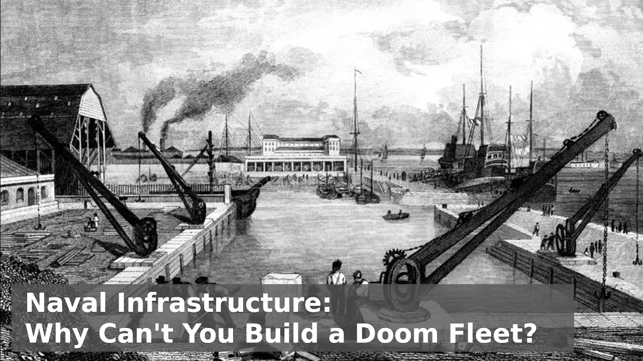 YouTube post by @Drachinifel for Squarespace. Caption reads: Naval Infrastructure - What stops you building a....