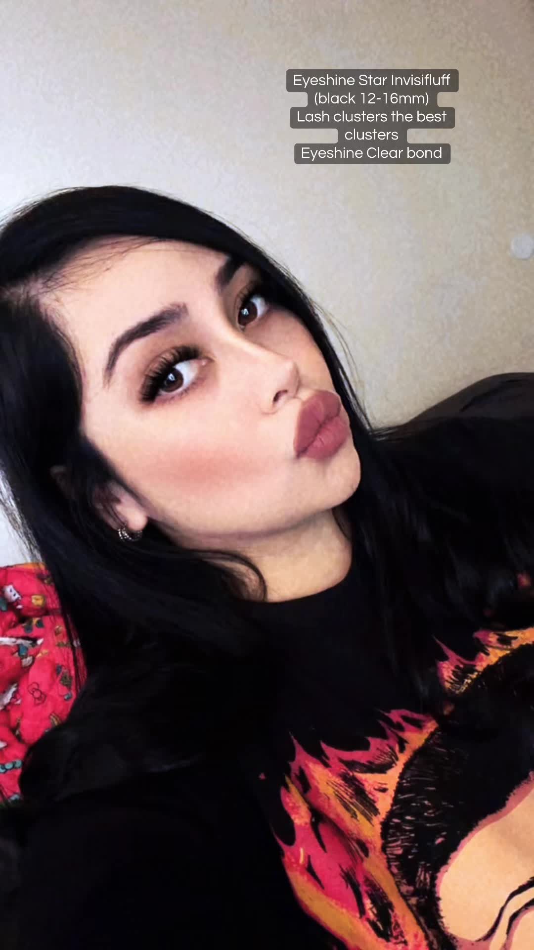 TikTok post by @nesssdoll for Eyeshine Cosmetics. Caption reads: [...] (black 12-16mm) Lash clusters @Eyeshine....