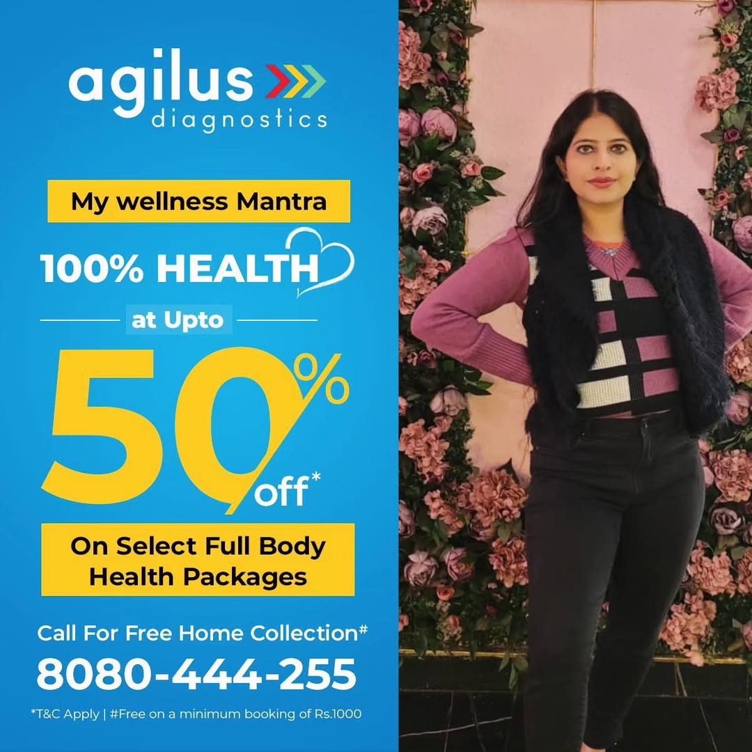 Instagram post by @ginnimahi_vibes for Agilus Diagnostics. Caption reads: [...] checkups! Unlock 100% health with Agilus....