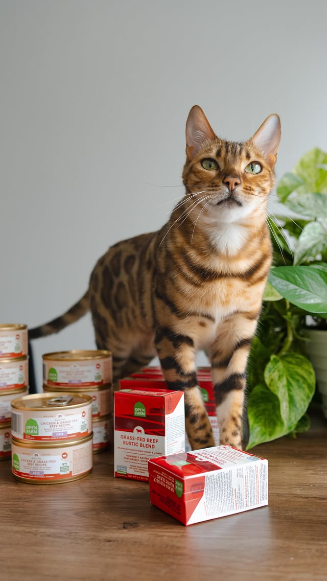 Instagram post by @firstclassbengals for Open Farm Pet. Caption reads: Cleo's verdict on @openfarmpet? Purr-fectly....