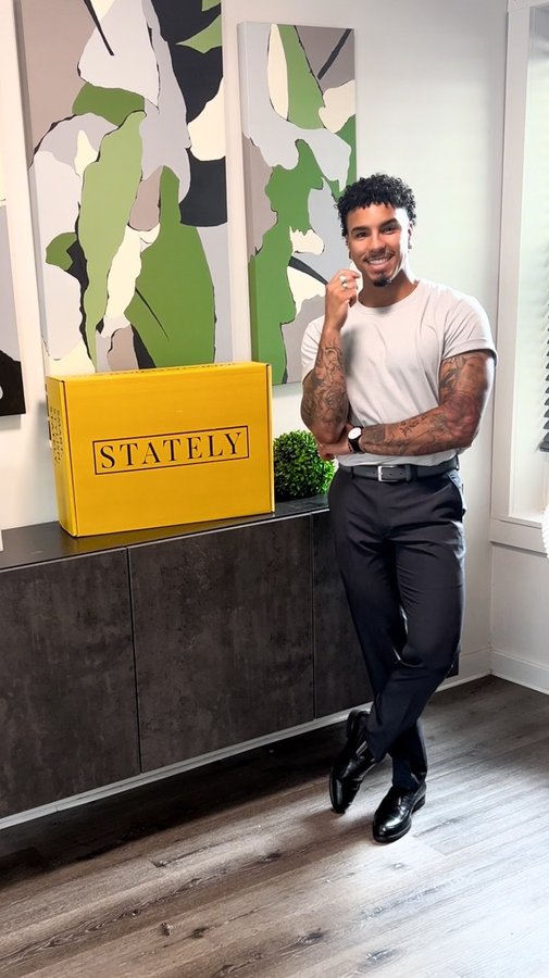 Instagram post by @angelnievess_ for Stately. Caption reads: Just got my latest @stately_men box, and I’m....