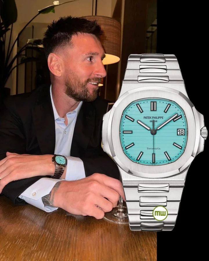 Instagram post by @watchlobby for MONDANIWEB. Caption reads: @leomessi with the PATEK PHILIPPE NAUTILUS TIFFANY....