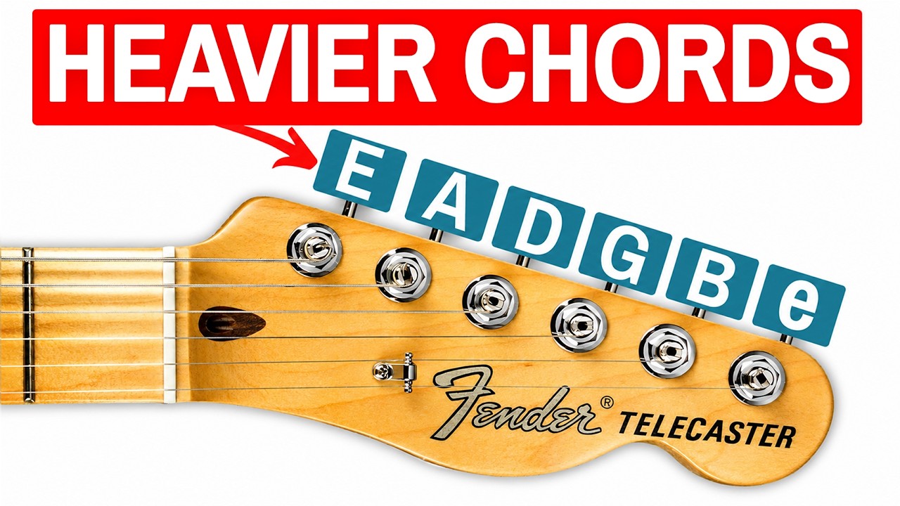 YouTube post by @SugarpillProd for Sweetwater Integration. Caption reads: The Secret to Heavier Chords in Standard Tuning.