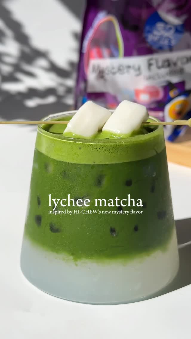 Instagram post by @1998.homecafe for Hi-chew. Caption reads: 🧊🍵 lychee matcha inspired by the mystery flavor....