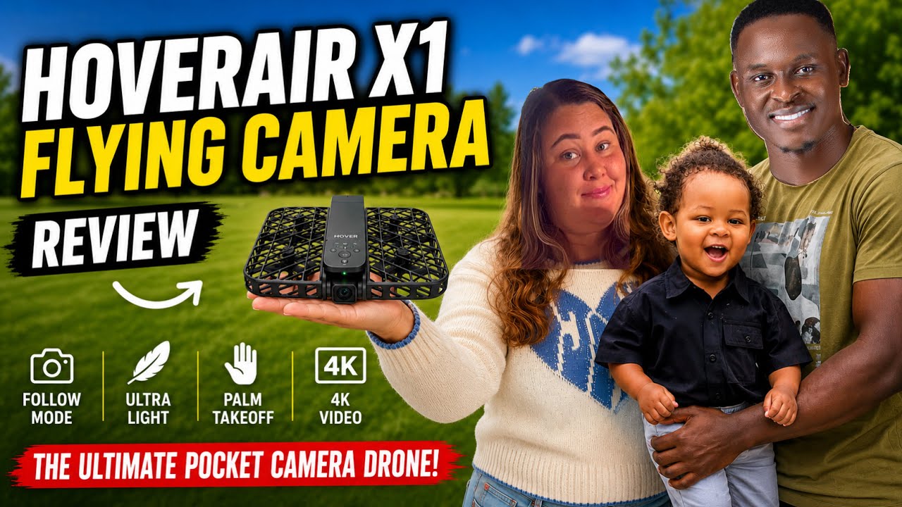 YouTube post by @thebichangafamily for Cash App Studios. Caption reads: HOVERAir x1 Flying Camera Review | Features |....