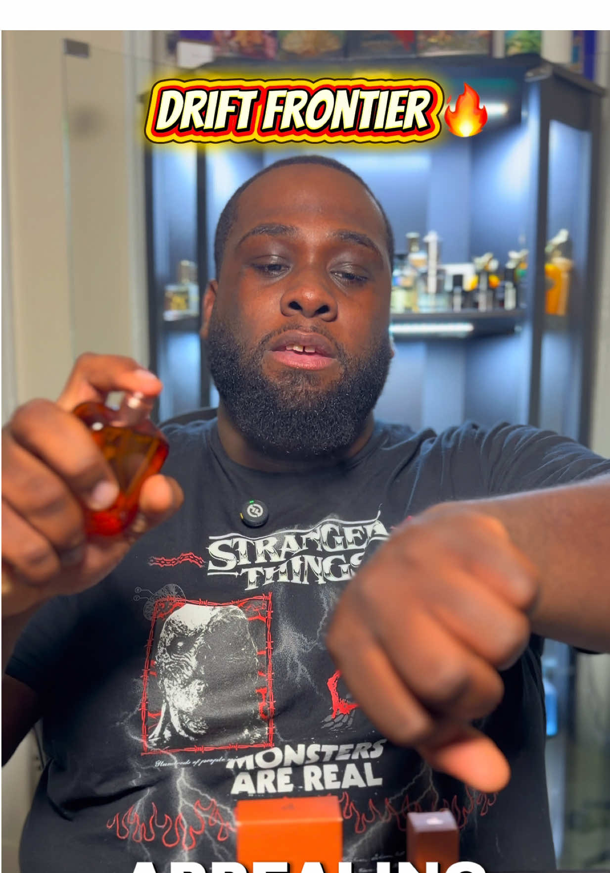 TikTok post by @capalotsscents for drift. Caption reads: Drift Frontier 🔥 Sweet Woody Spicy Great Mass....