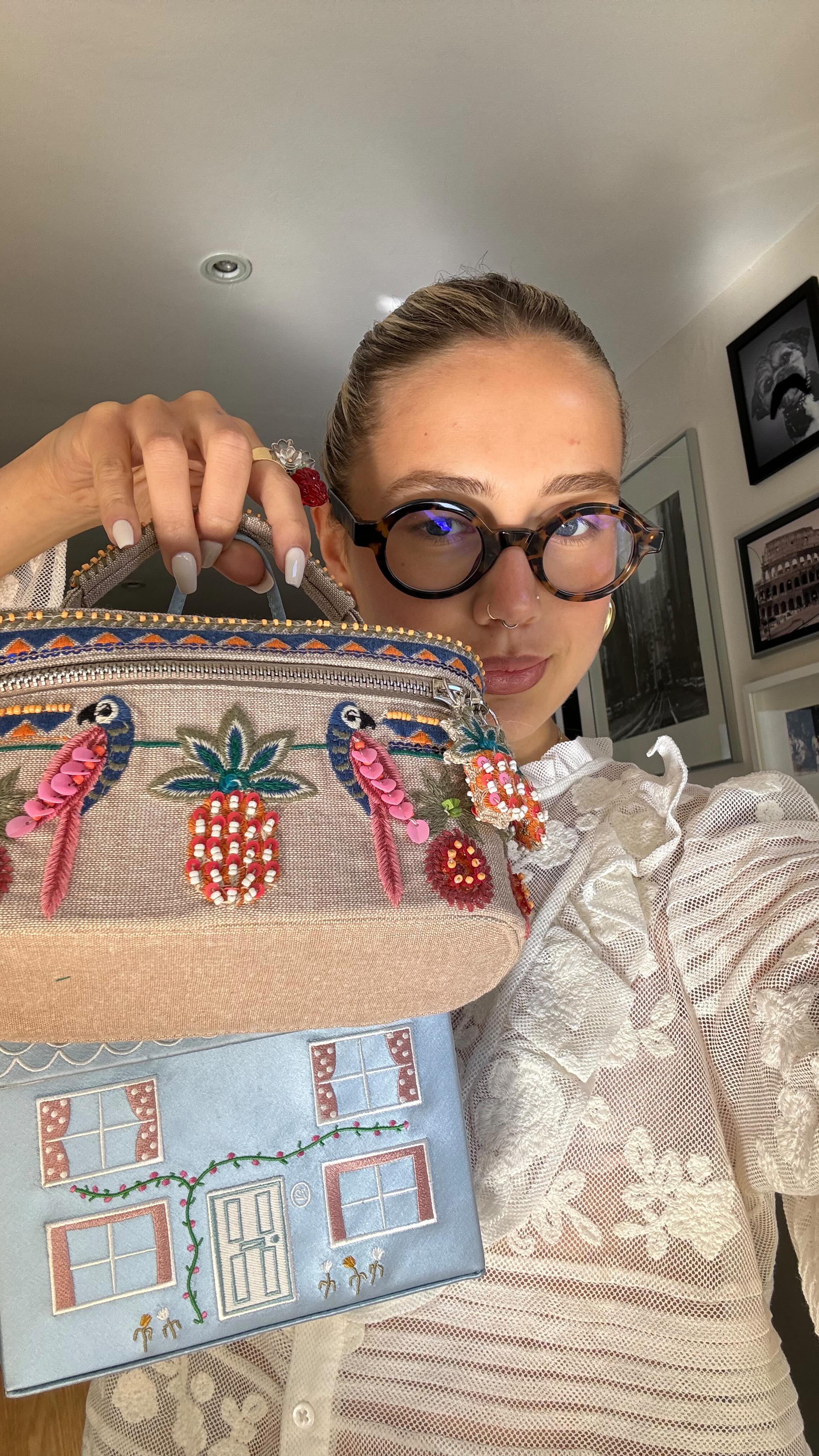 Instagram post by @evie_mills for Jimmy Fairly. Caption reads: [...] top @paris64world bag @jimmyfairly glasses.