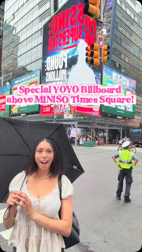 Instagram post by @nishathenerd for MINISO. Caption reads: [...] taking over Times Square!! Stop by the....
