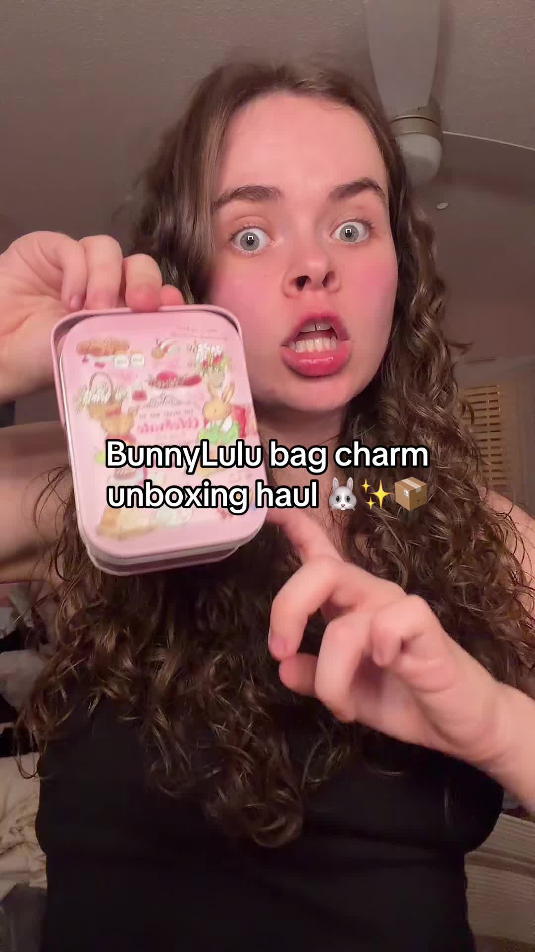 TikTok post by @theskimaskbarbie for Bunnylulu. Caption reads: Unbox my first ever BunnyLuLu bag charm keychain....