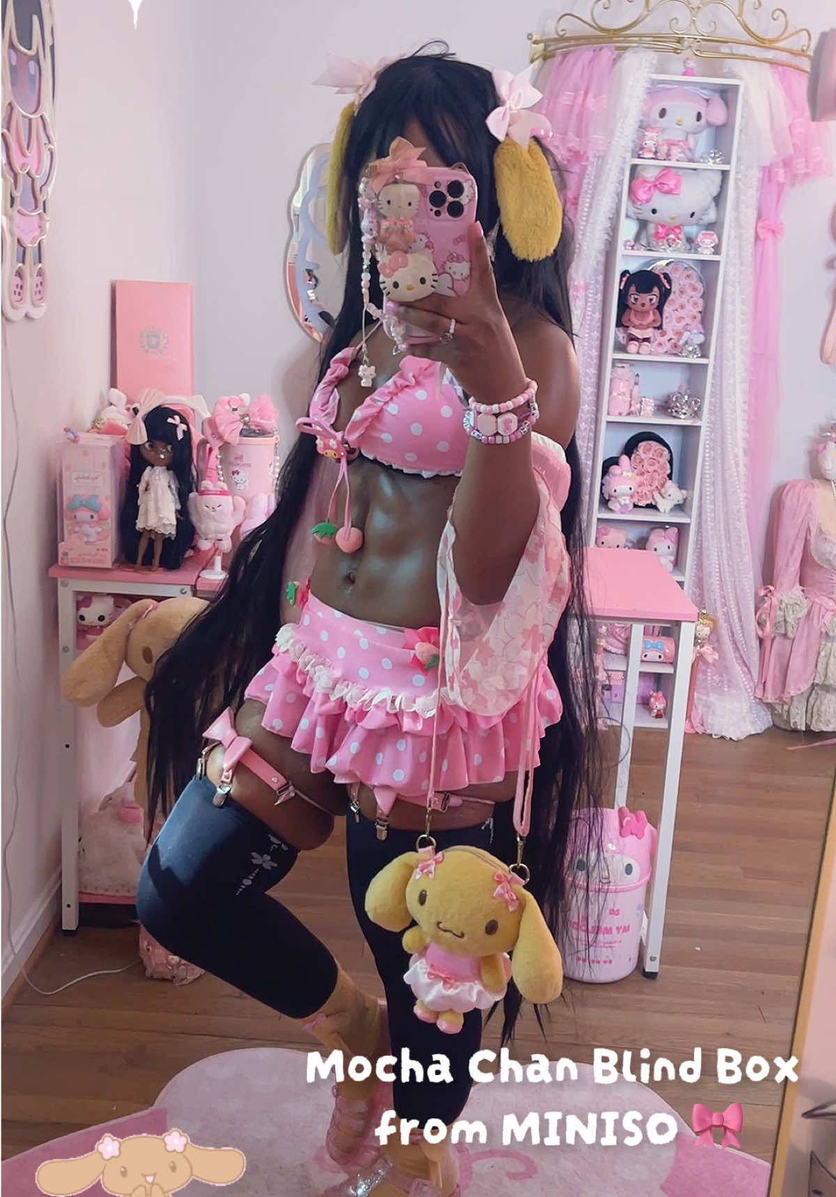 TikTok post by @pinkprotein for MINISO United States. Caption reads: Mocha chan Blind boxing at @MINISO United States....
