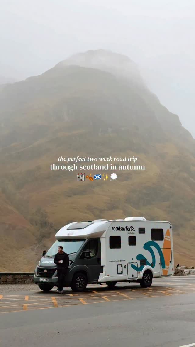 Instagram post by @theunexploredbackyard for roadsurfer. Caption reads: ad Tap for the ultimate autumn Scotland road trip....