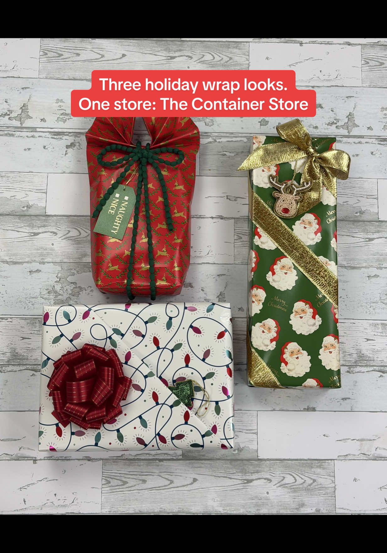 TikTok post by @lenniamc for The Container Store. Caption reads: [...] 3 beautiful holiday gift wraps.✨ @The....