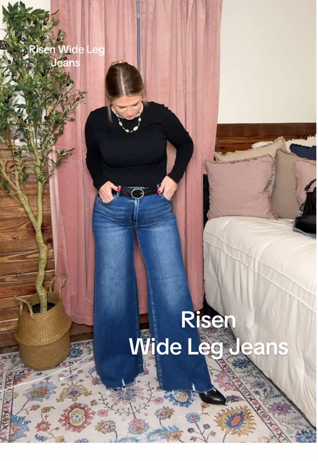 TikTok post by @thatgirlkaty2 for Freckled Poppy. Caption reads: [...] The perfect wide leg jean by Risen✨....