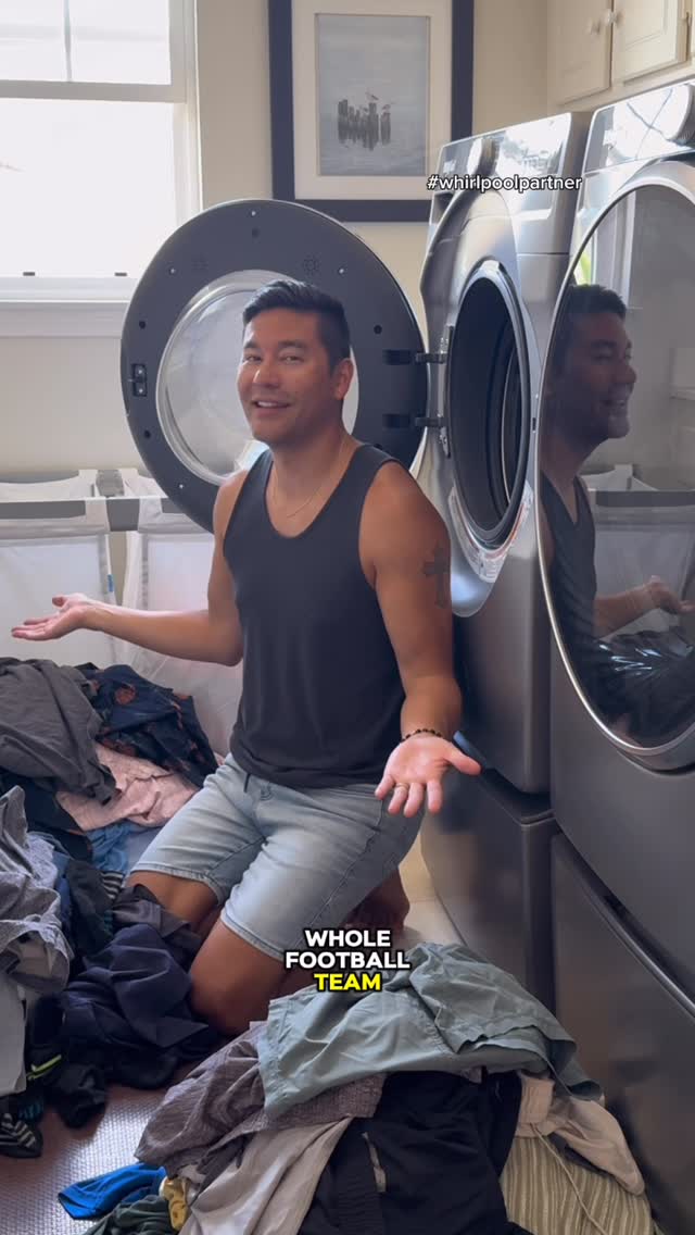 Instagram post by @athomewithbryanofficial for Whirlpool. Caption reads: #whirlpoolpartner Tackling this many loads of....