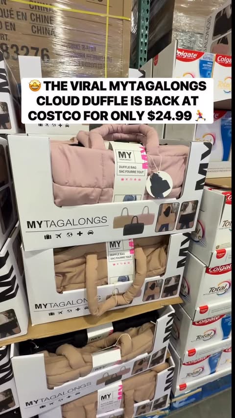 Instagram post by @costcofindsca for MYTAGALONGS. Caption reads: The viral Mytagalongs Cloud Duffle is officially....