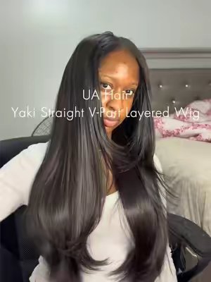TikTok post by @iisabellawoods for U&A Hair Shop. Caption reads: [...] V-Part Layered Wig from @uahair @U&A HAIR....