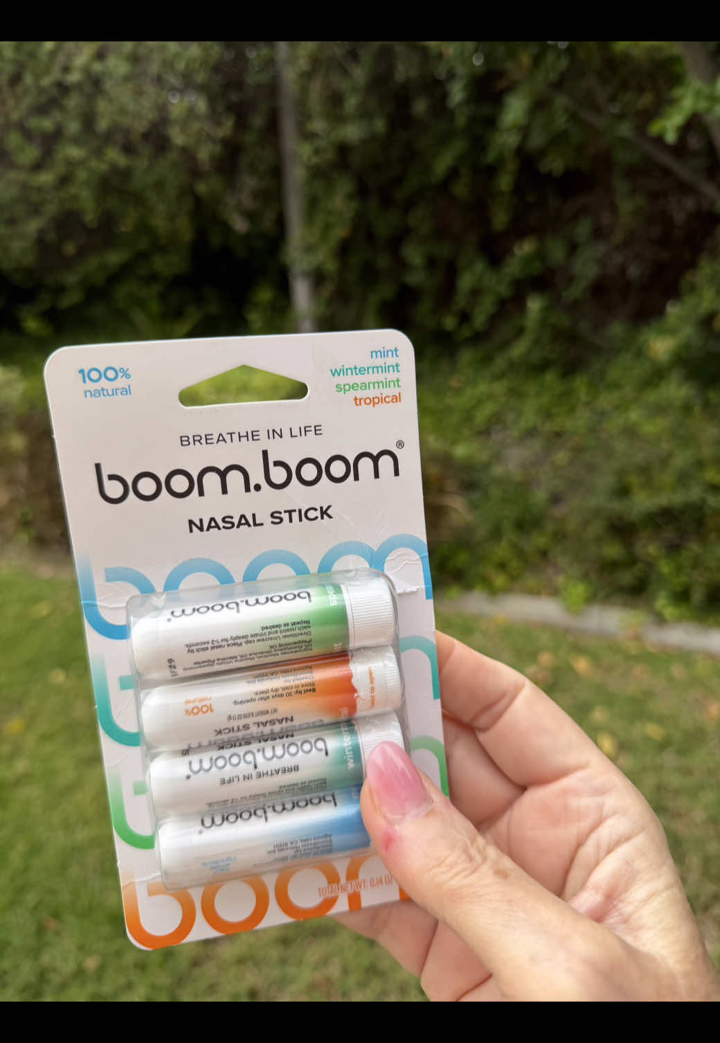 TikTok post by @sueandherhome for BoomBoom Naturals. Caption reads: boom boom nasal stick 4-pack featured on Shark....