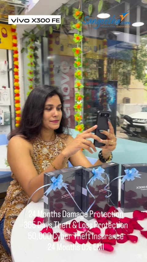Instagram post by @itsme_pavu for Sangeetha Mobiles. Caption reads: @itsme_pavu Sangeetha’s 52nd Anniversary Sale ,you....