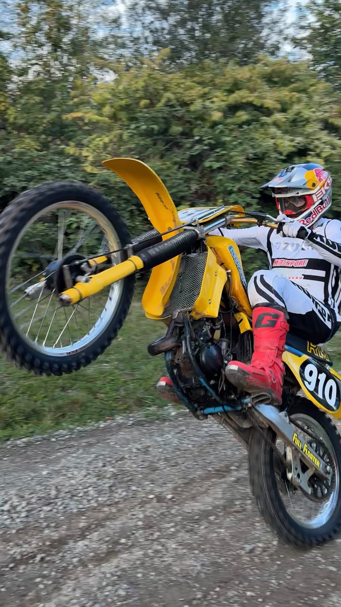 Instagram post by @carsonbrown_910 for Suzuki. Caption reads: Quicky rip on this 1981 @suzukicycles RM125 🔥....