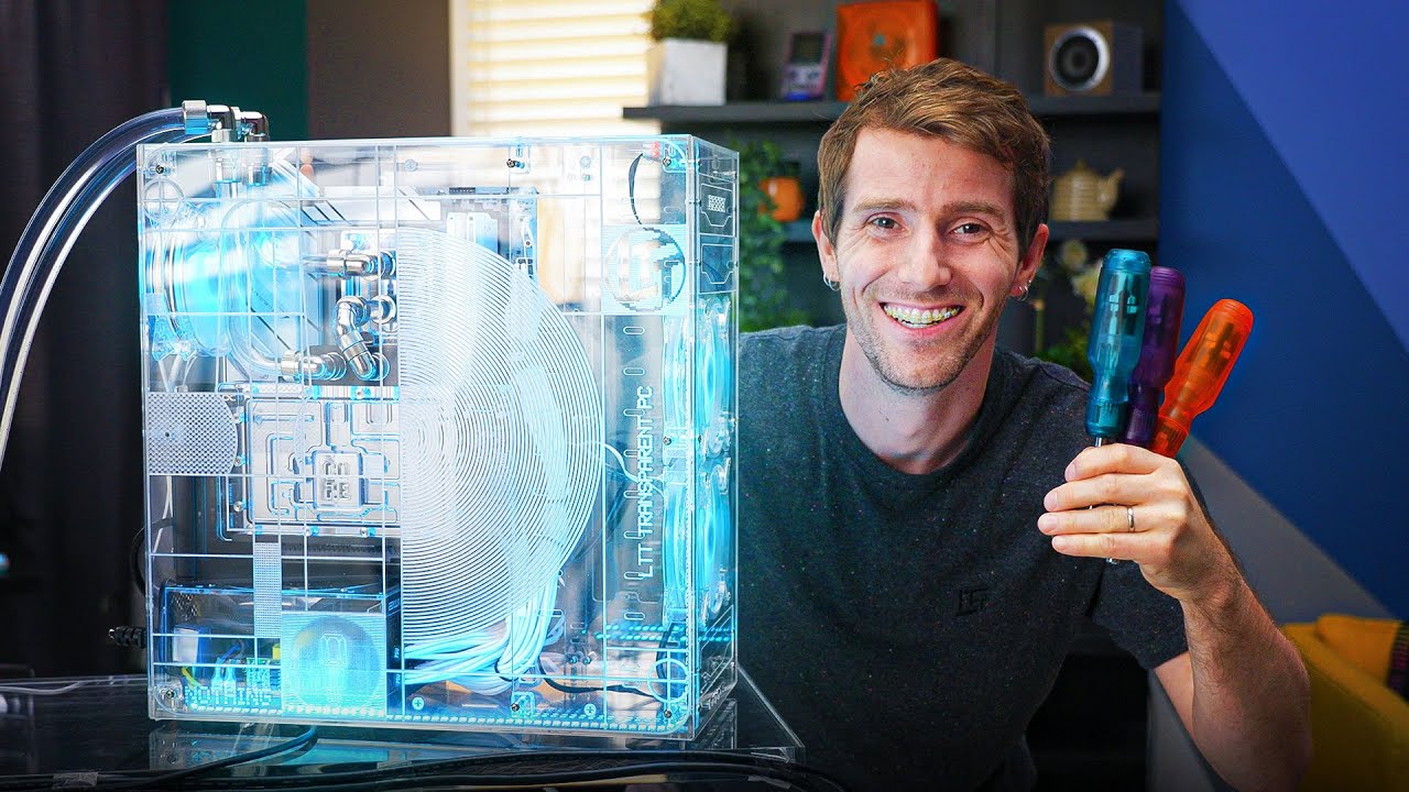 YouTube post by @LinusTechTips for Dbrand. Caption reads: The All Transparent Gaming Setup.