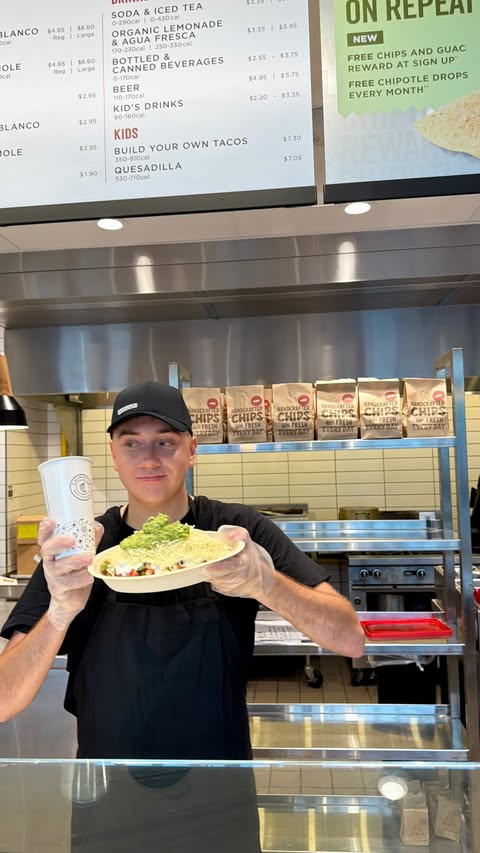 Instagram post by @logansfewd for Chipotle. Caption reads: behind the line at @chipotle! my bowl definitely....
