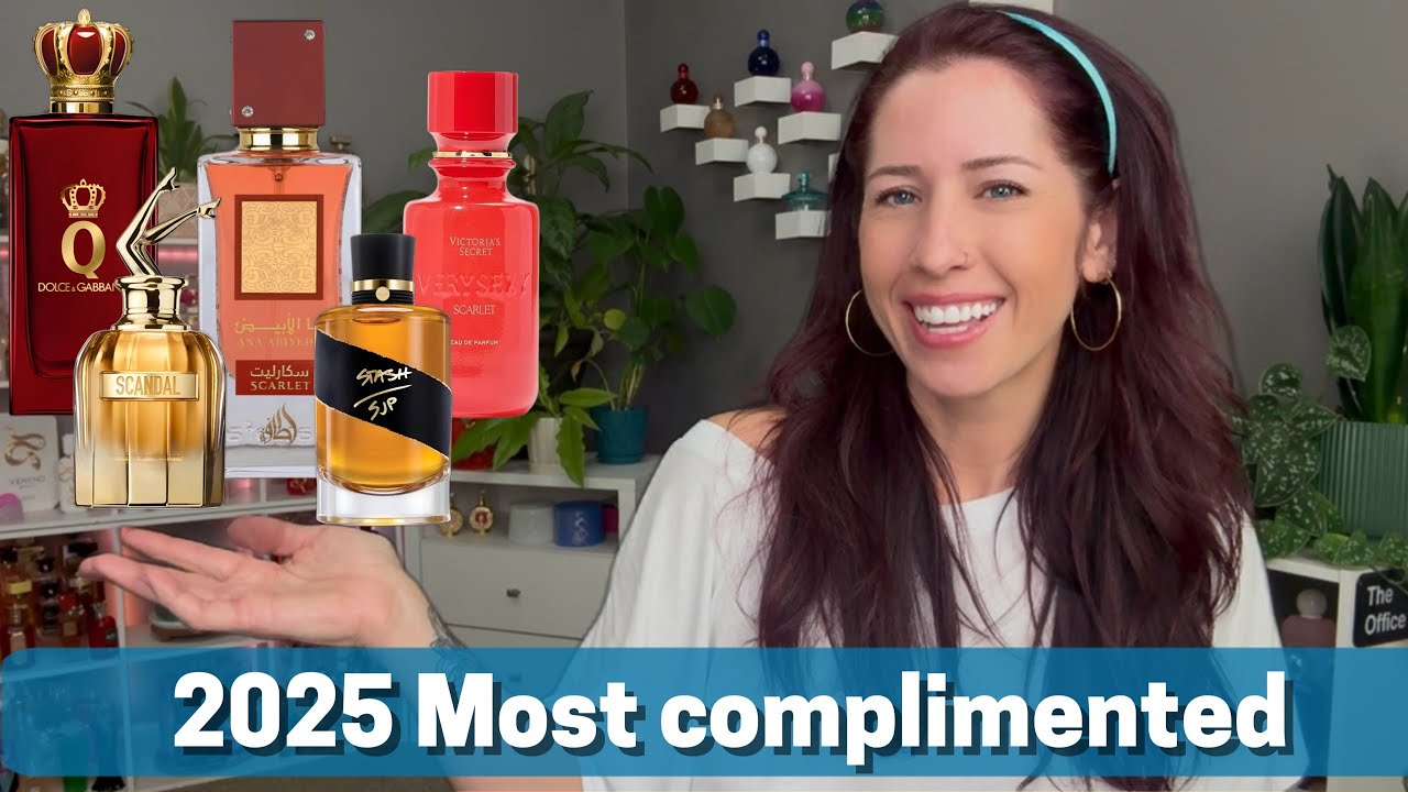 YouTube post by @Mamabearperfumechannel for Mercari. Caption reads: TOP 10 MOST COMPLEMENTED PERFUMES OF 2025! .