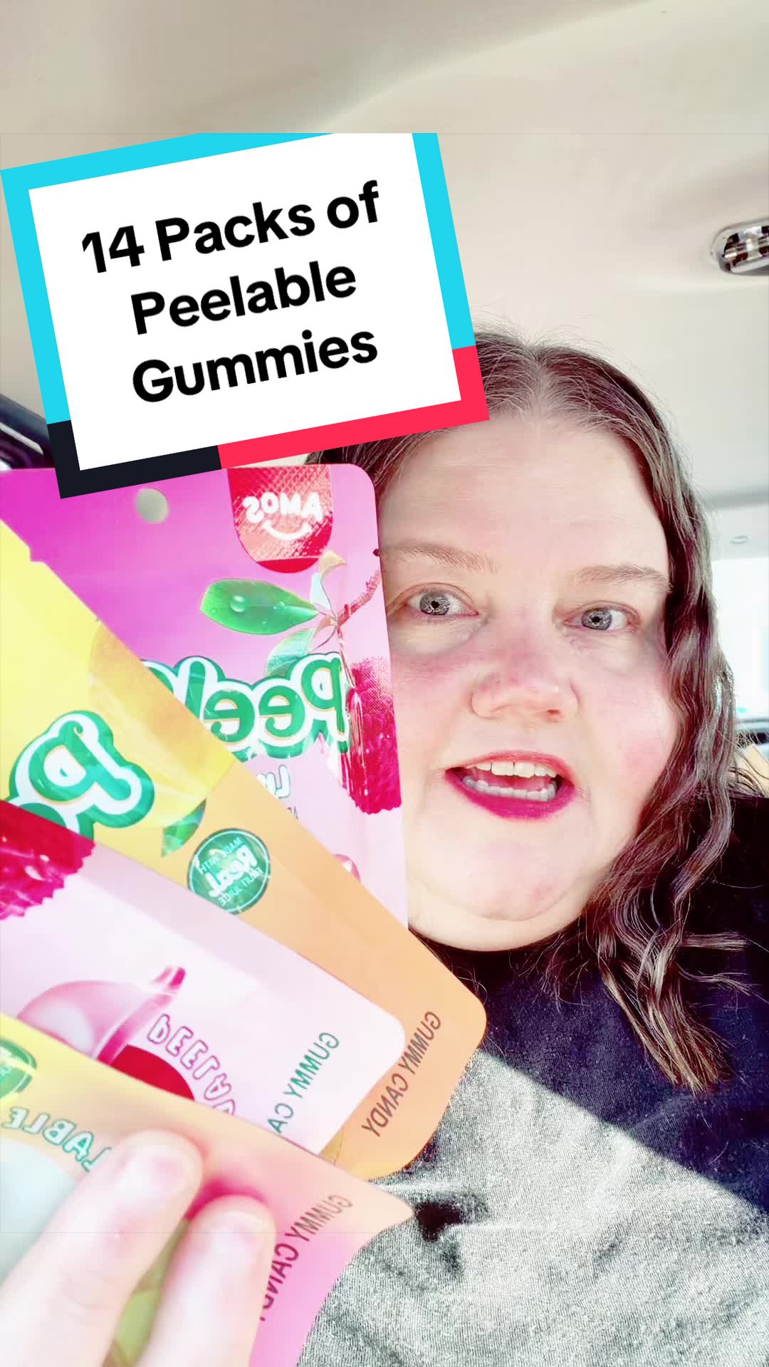 TikTok post by @lifeofrheana for Amos Sweets. Caption reads: [...] #partyfavors #peelablegummy @Amos Sweets.
