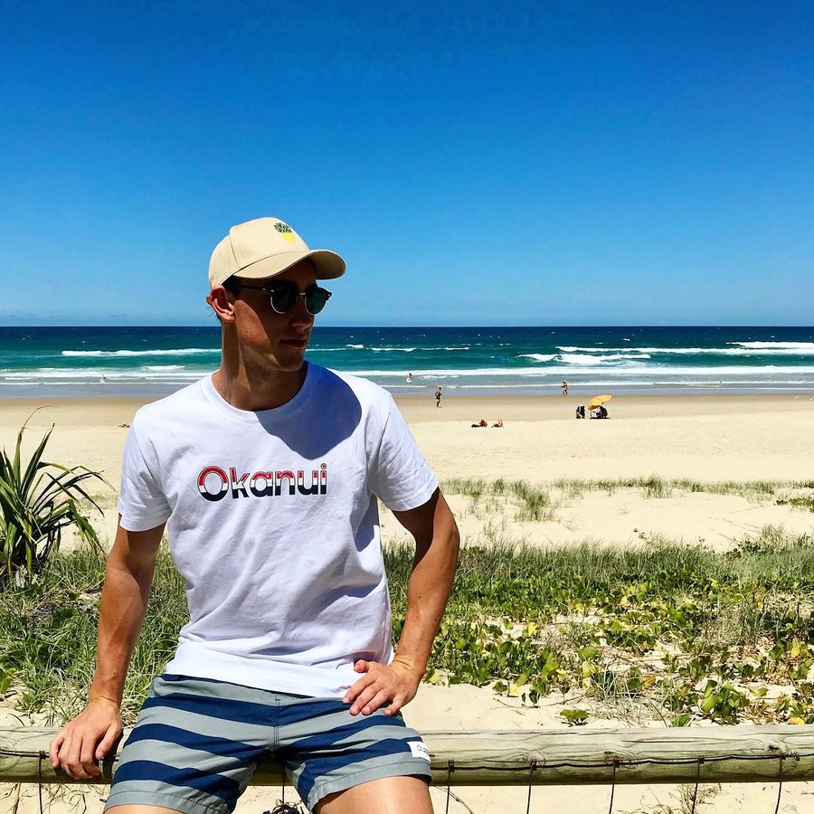 Instagram post by @lachlan__carter for Okanui. Caption reads: Looking fresh thanks to @okanuiclassics 🙌🏼🌊✨....