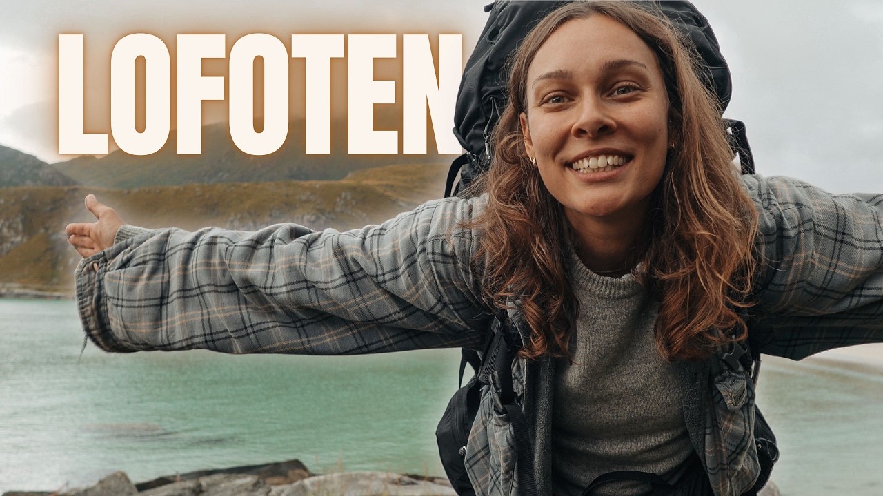YouTube post by @SabrinaOutdoor for komoot. Caption reads: Solo adventure in Lofoten: Windy climb to the....