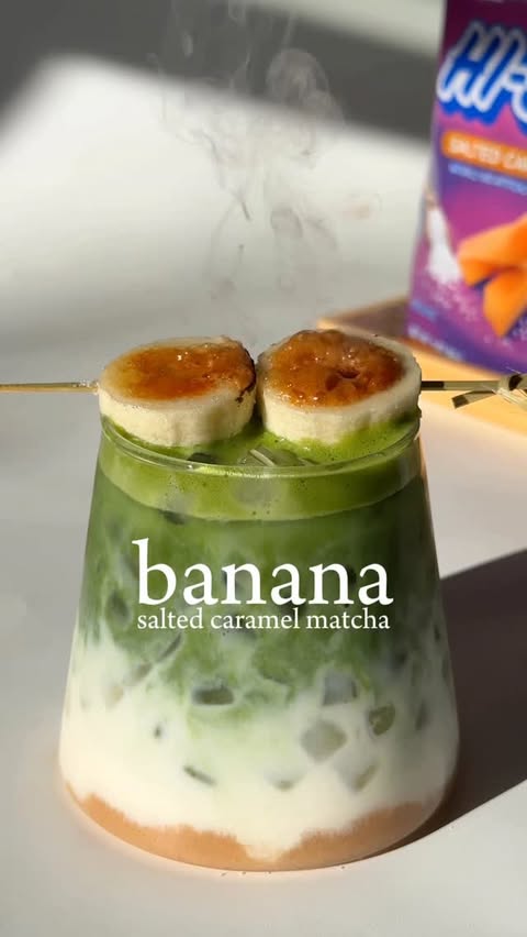 Instagram post by @1998.homecafe for HI-CHEW. Caption reads: 🍌🍮🍵 banana salted caramel matcha latte using....