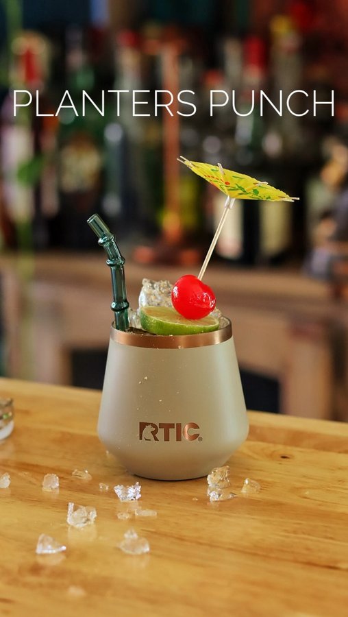 Instagram post by @thirstywhale_ for RTIC Outdoors. Caption reads: -
PLANTERS PUNCH
3 oz Aged Rum
3/4 oz Demerara....