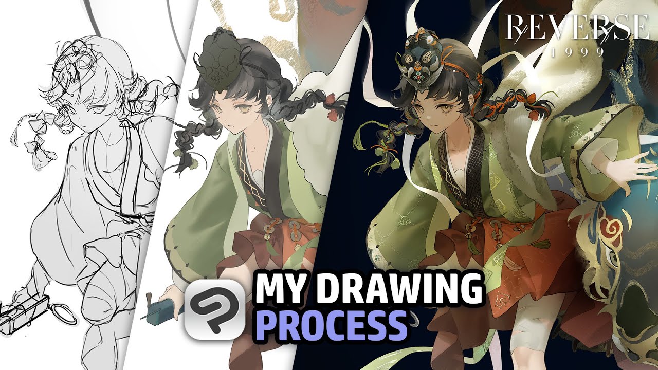 YouTube post by @kurohshiro for Clip Studio Paint. Caption reads: My Full Drawing Process! ✦ Reverse: 1999 Character....
