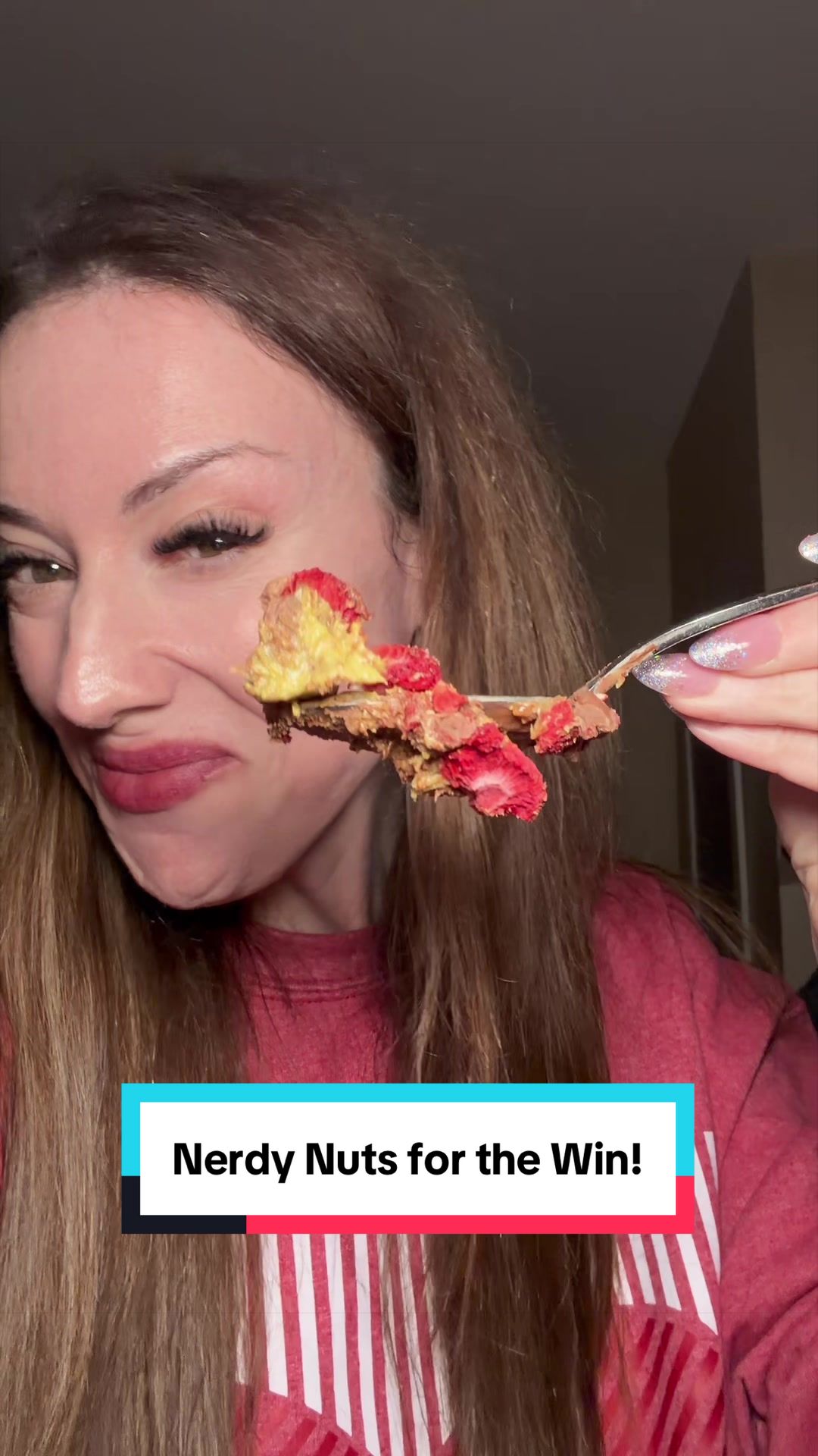 TikTok post by @thismamasonamission for Nerdy Nuts. Caption reads: [...] facial expressions say it ALL. 😂🍓 @Nerdy....
