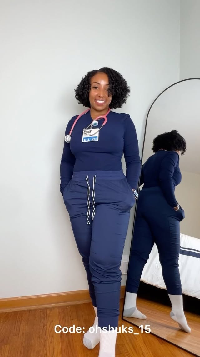 Instagram post by @shookreetravels for DOLAN Scrubs. Caption reads: These DOLAN scrubs are my....