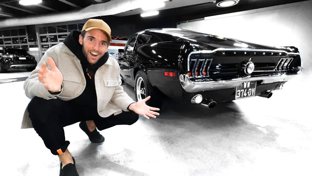 YouTube post by @BenjaminOrtega for Dbjourney. Caption reads: The day I PICKED UP my DREAM CAR, Mustang '68! 🔥.