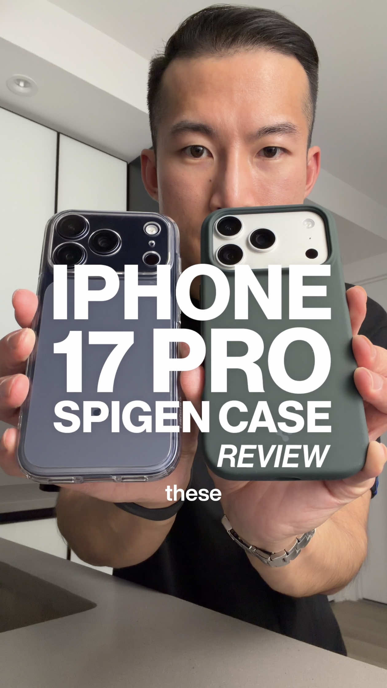 TikTok post by @jasontsay for Spigen. Caption reads: testing every @Spigen iphone 17 pro case 👀 (ultra....