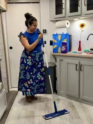 TikTok post by @mamamilestones for Colgate-Palmolive. Caption reads: #ad The scent of Fabuloso after my mom mopped,....