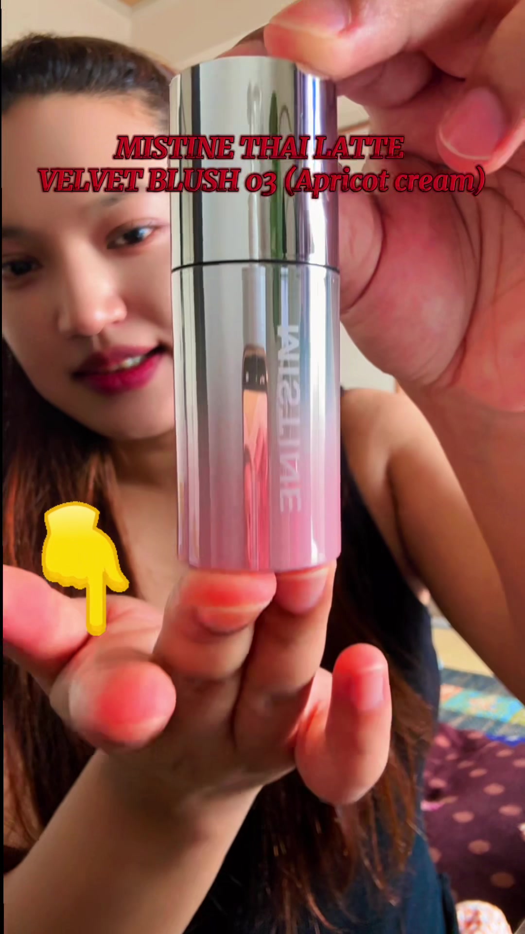 TikTok post by @meli_mhj for Mistine. Caption reads: MISTINE THAI LATTE VELVETY BLUSH IN SHADE 03 [...].