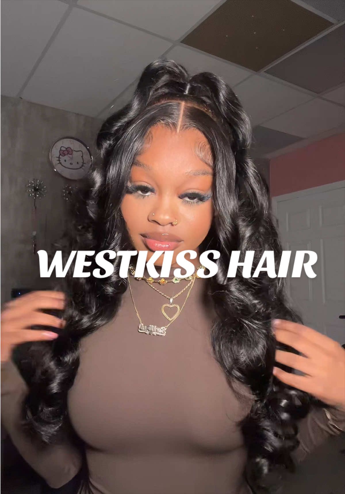 TikTok post by @imthepradabae for West Kiss Hair. Caption reads: [...] #fyp #prestyledwig #gluelesswig....