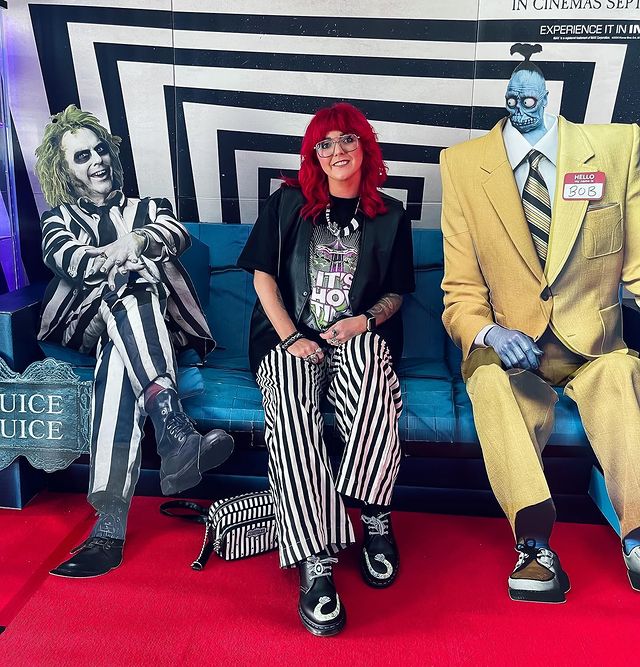 Instagram post by @roxie_enchanted_rose for Tatty Devine. Caption reads: [...] Details 
Trousers - @asos 
Necklace -....