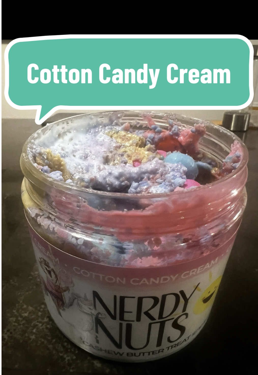 TikTok post by @shadowsofdust for Nerdy Nuts. Caption reads: [...] #cottoncandy #cashewbutter #nerdynuts....