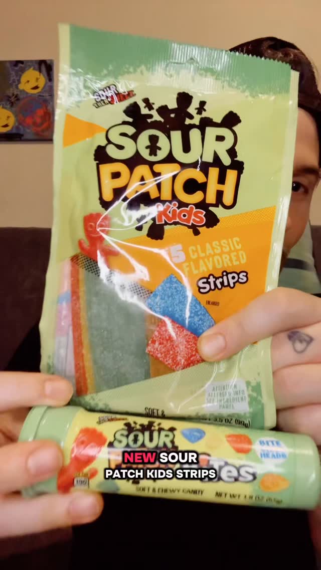 Instagram post by @markie_devo for Sour Patch Kids. Caption reads: New Sour Patch Kids Strips & Bites!

🛒Bites....