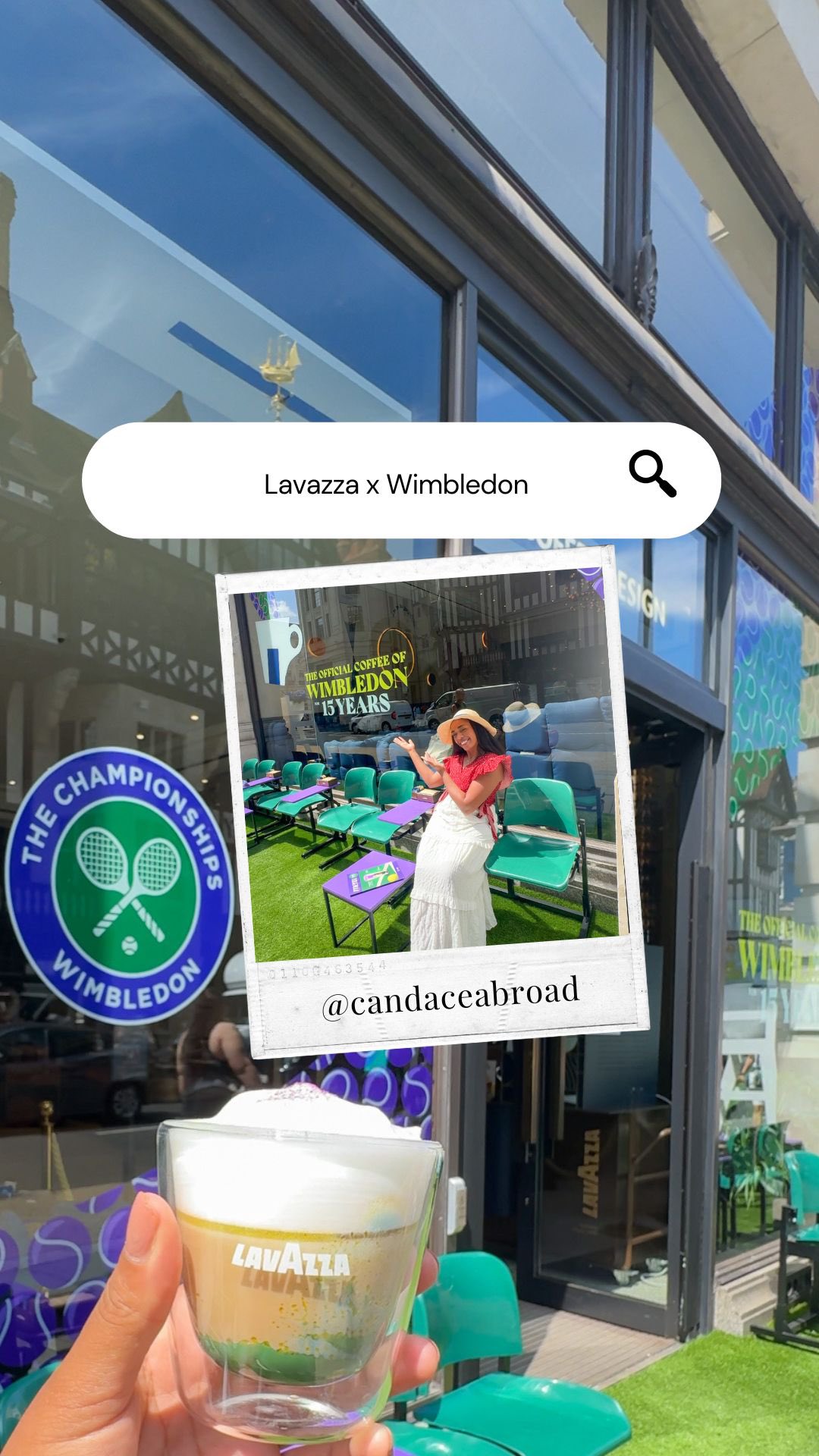 Instagram post by @candaceabroad for Lavazza. Caption reads: ad @lavazzauk Want a taste of Wimbledon this....