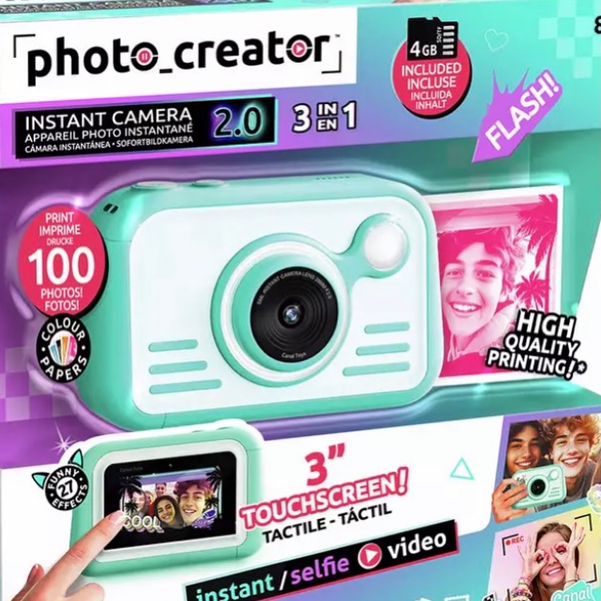 Instagram post by @ourlife.asfourx for Canal Toys. Caption reads: @canaltoysglobal photo creator instant camera has....