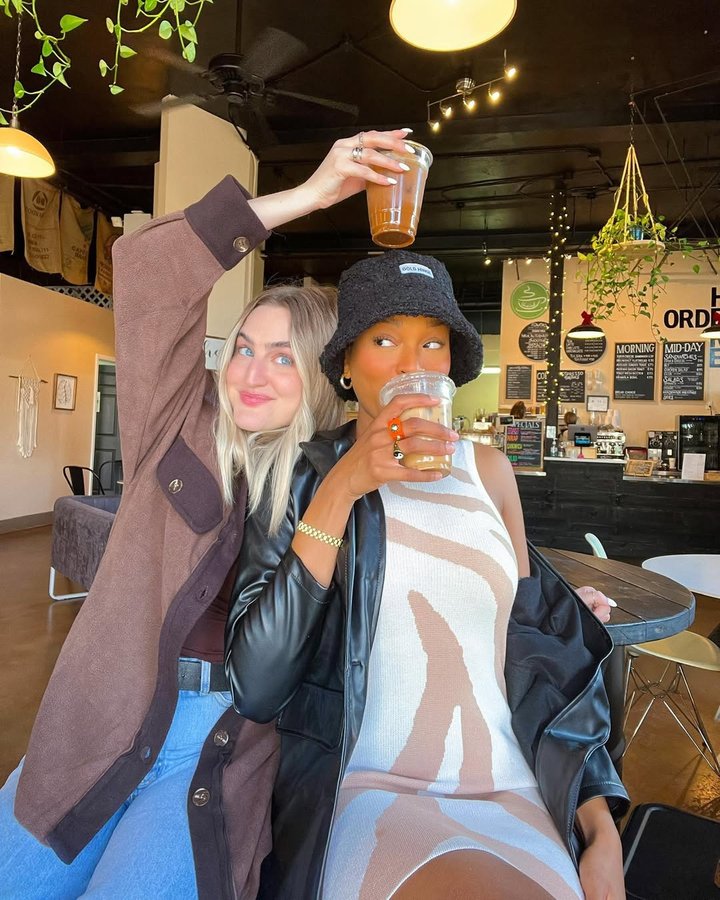 Instagram post by @hannahclevan for GOLD HINGE. Caption reads: [...] stay together 🤪☕️👯‍♀️ — twinning in....