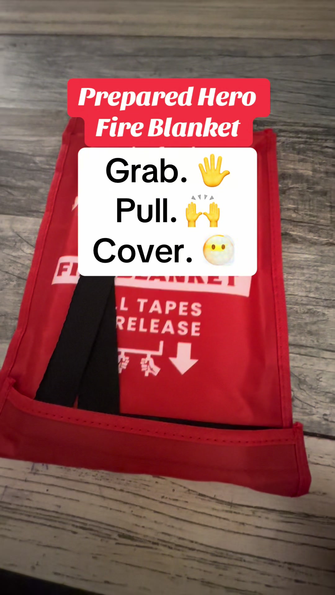 TikTok post by @ginab3646 for Prepared Hero. Caption reads: Grab. Pull. Cover. Hang the @Prepared Hero Fire....