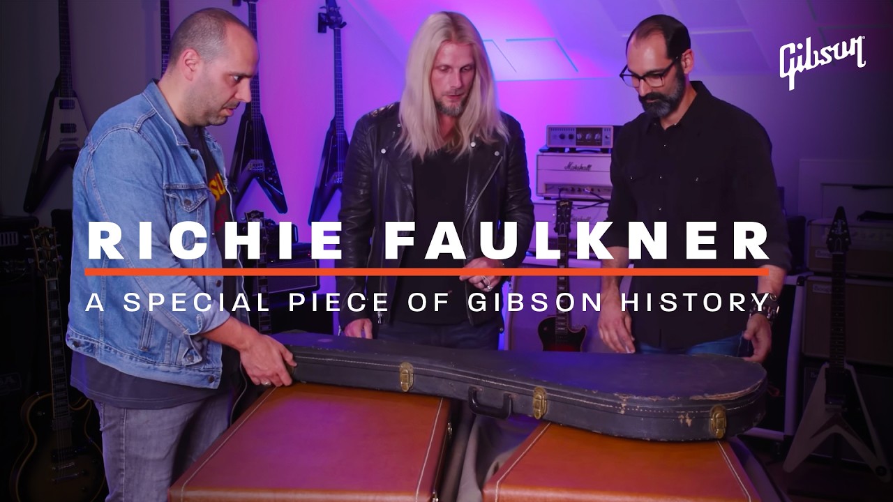YouTube post by @gibsonguitar for Gibson. Caption reads: Richie Faulkner returns a rare Gibson to its owner.