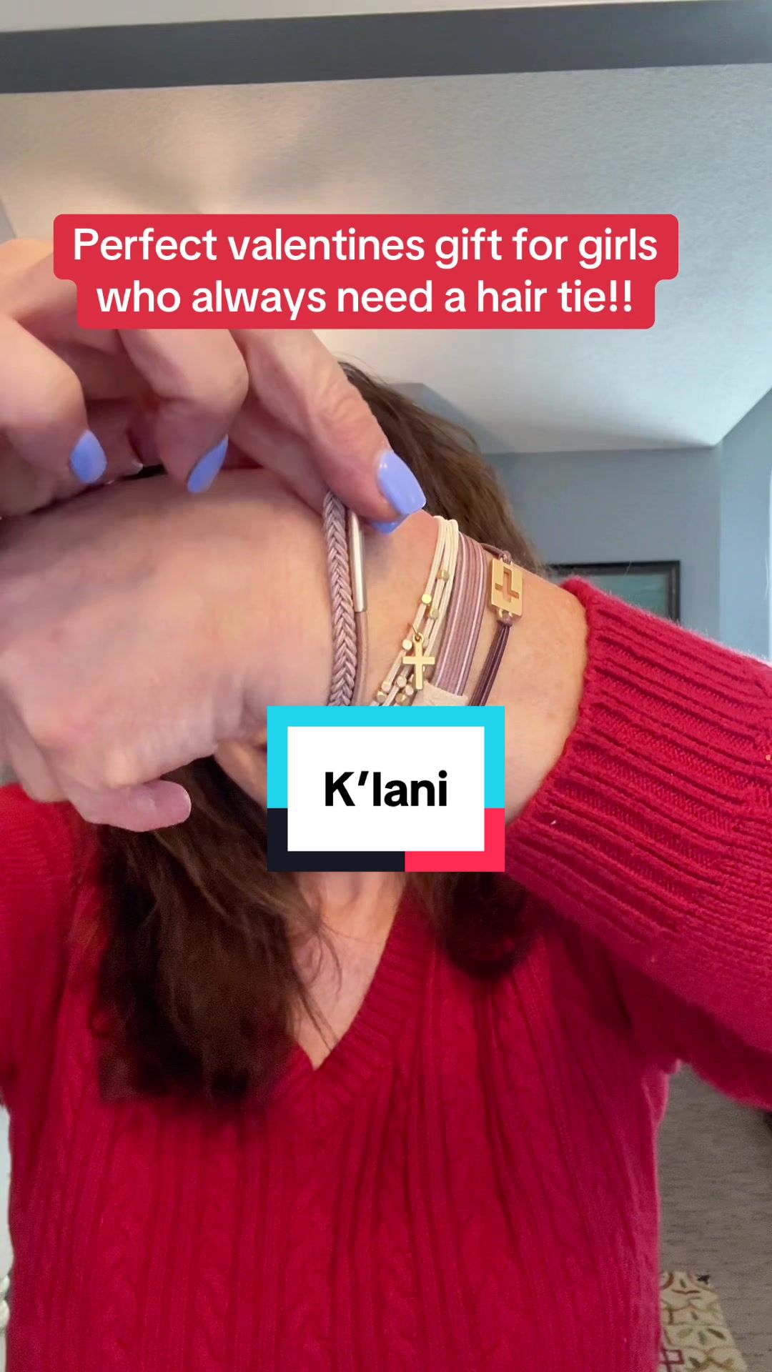 TikTok post by @justmeteresa1 for K’Lani. Caption reads: @K'lani #bracelets #hairties.