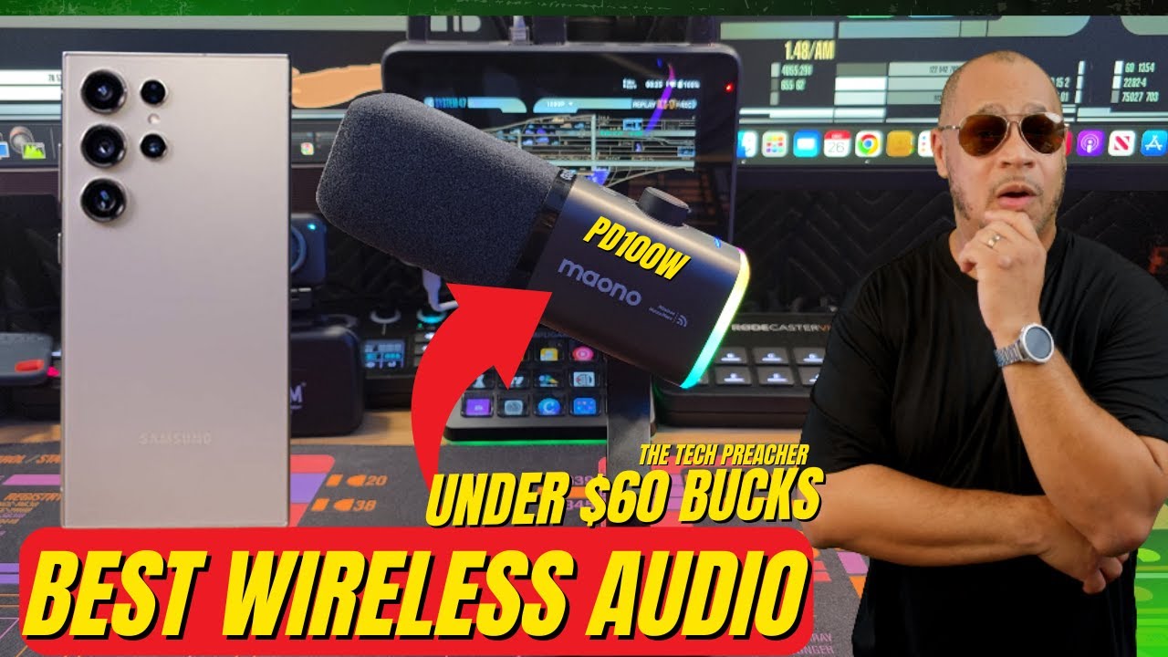 YouTube post by @TheTechPreacher for MAONO. Caption reads: Boost Galaxy S25 Ultra Audio with MAONO PD100W Mic....